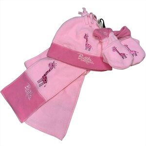NWT Busch Gardens Youth Girls Winter Set Pink Giraffe Fleece Hat Scarf & Mittens
